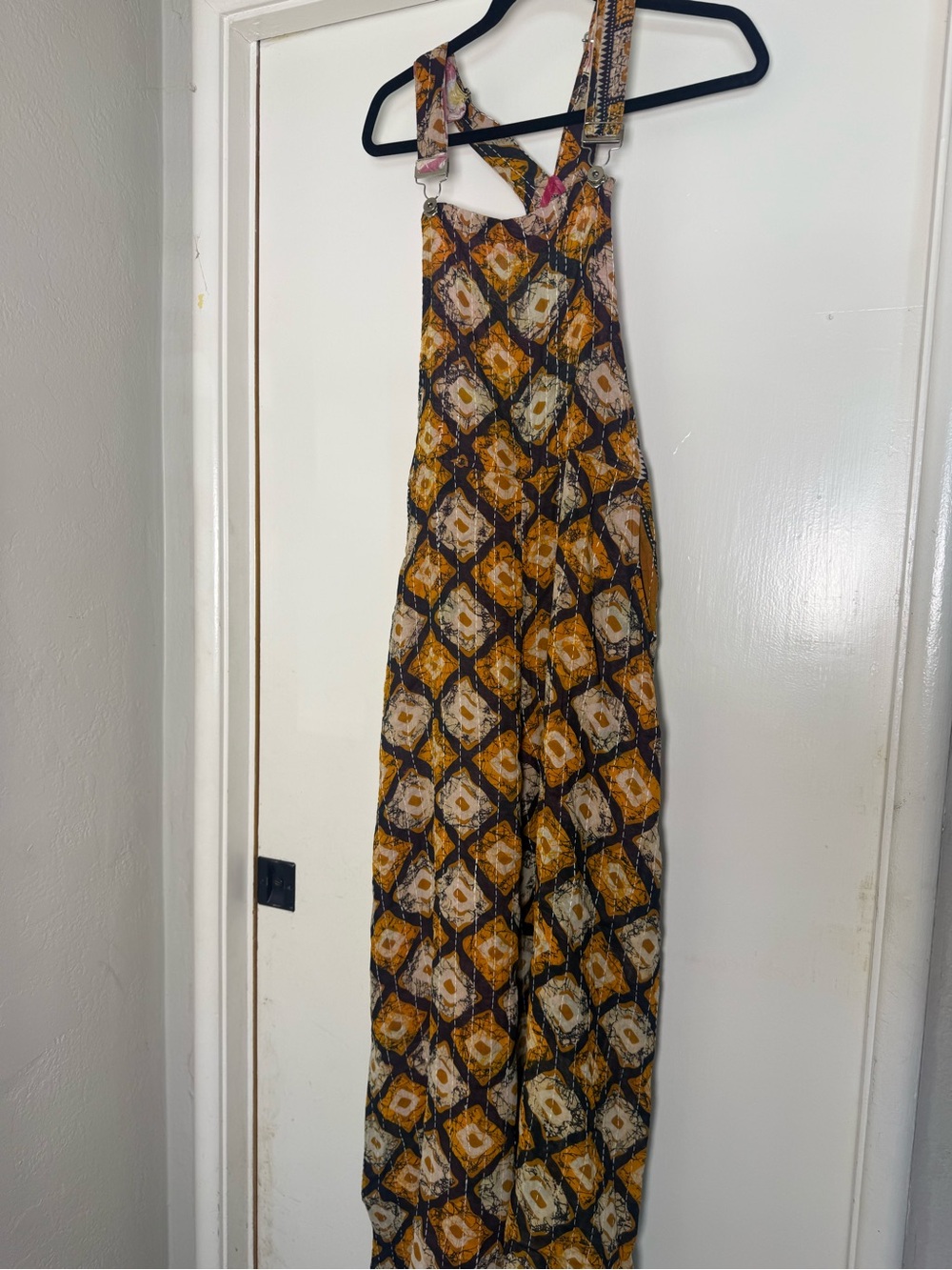Vintage patterned jumpsuit in mustard, navy, cream